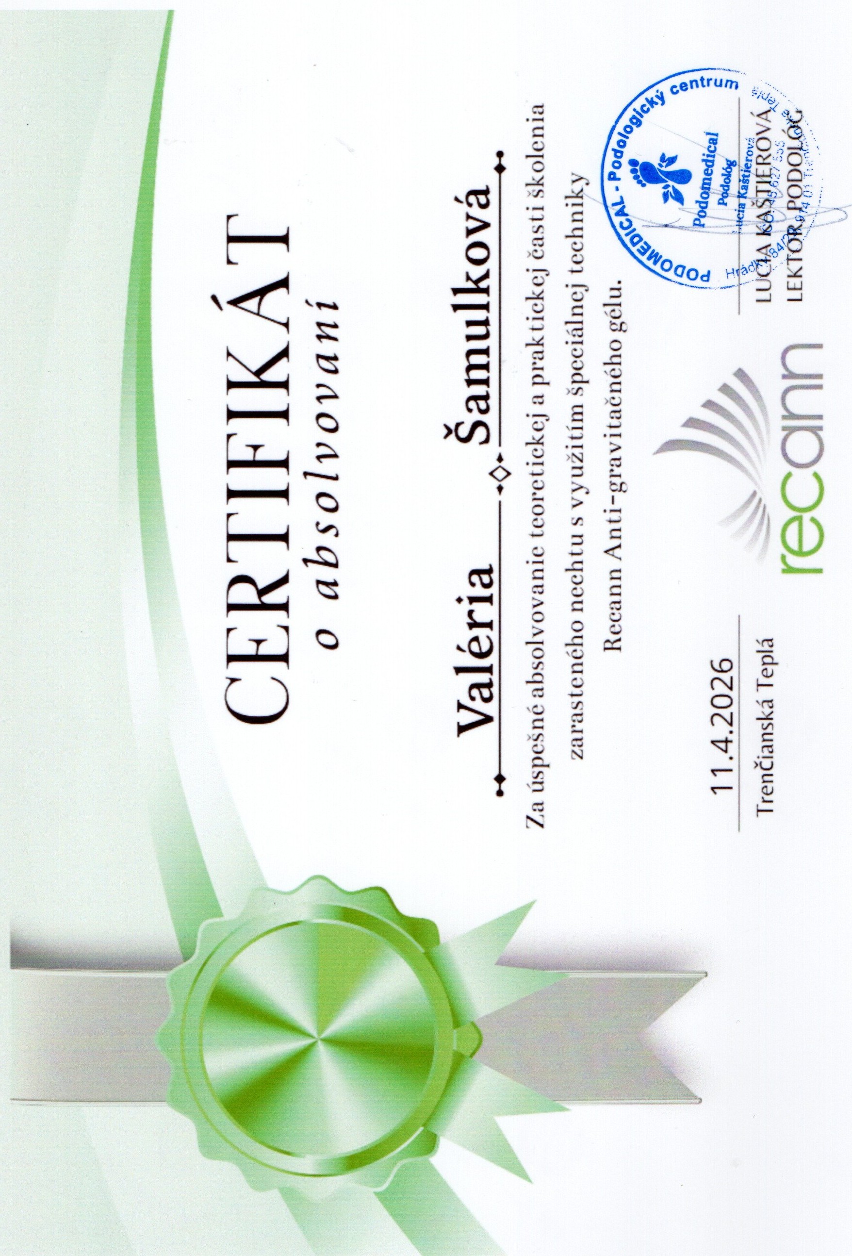 Certifikát — Recann Anti-gravitačný gél (Podomedical)