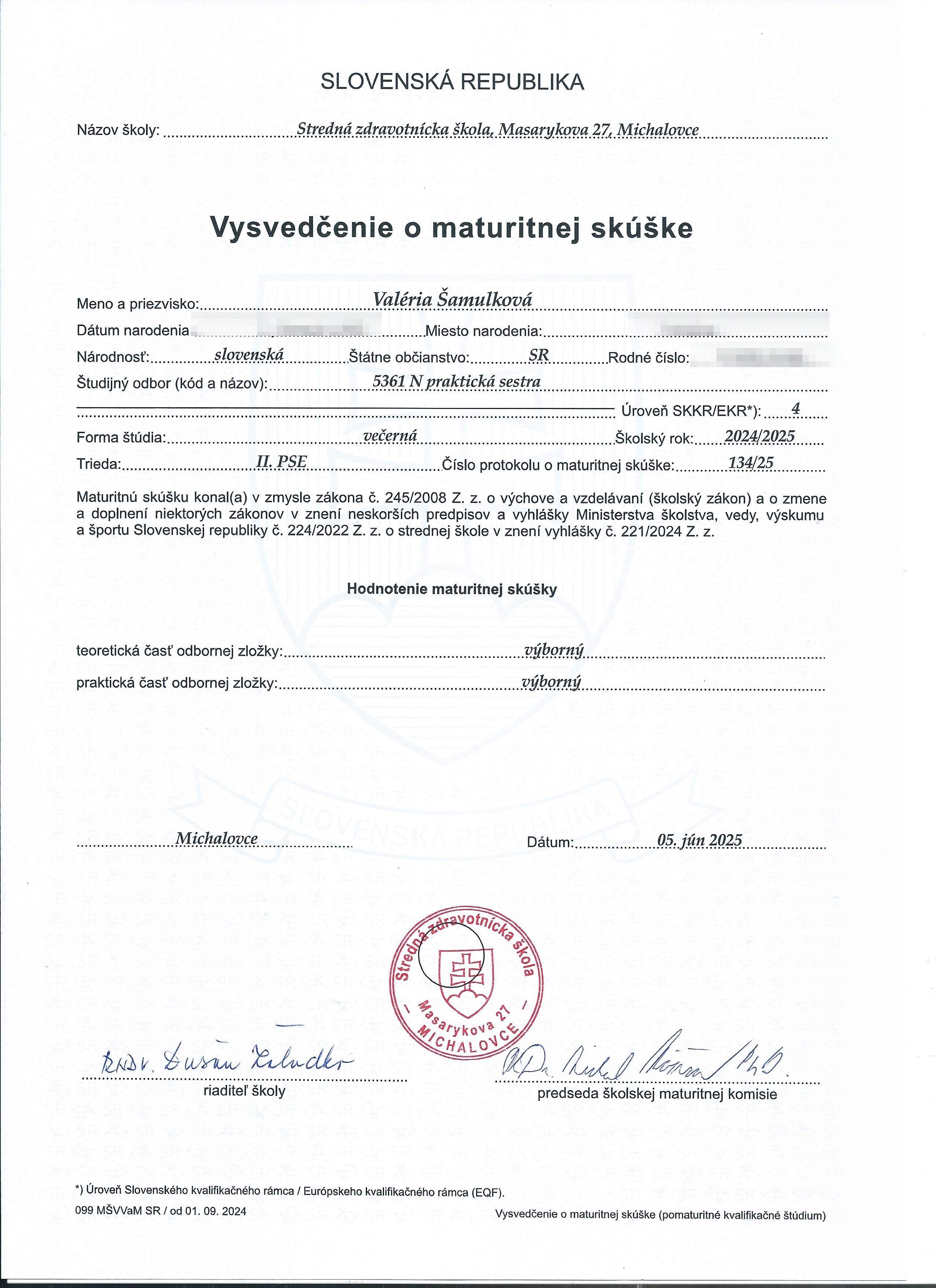 Vysvedčenie o maturitnej skúške — praktická sestra
