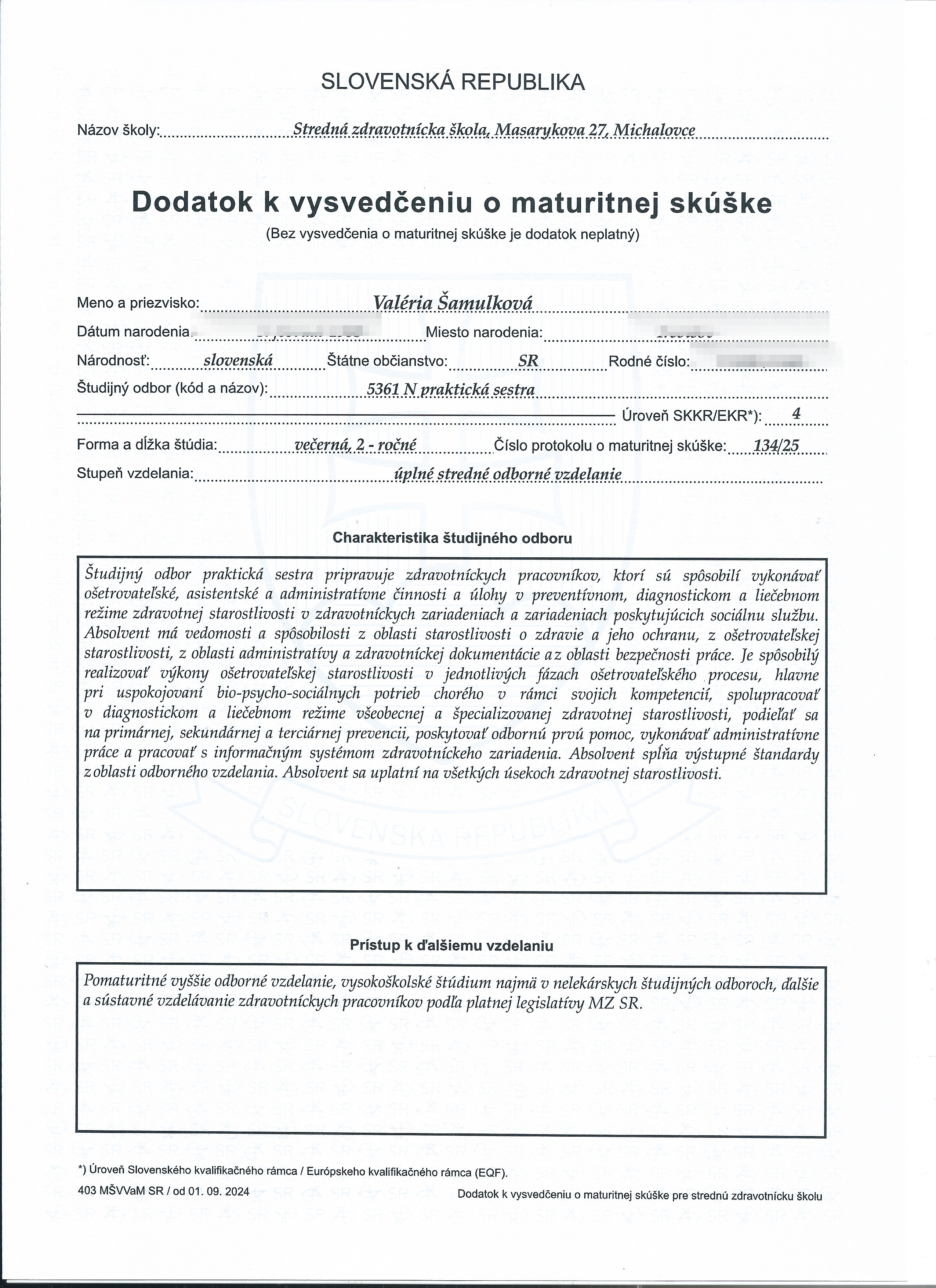 Dodatok k vysvedčeniu o maturitnej skúške, strana 1
