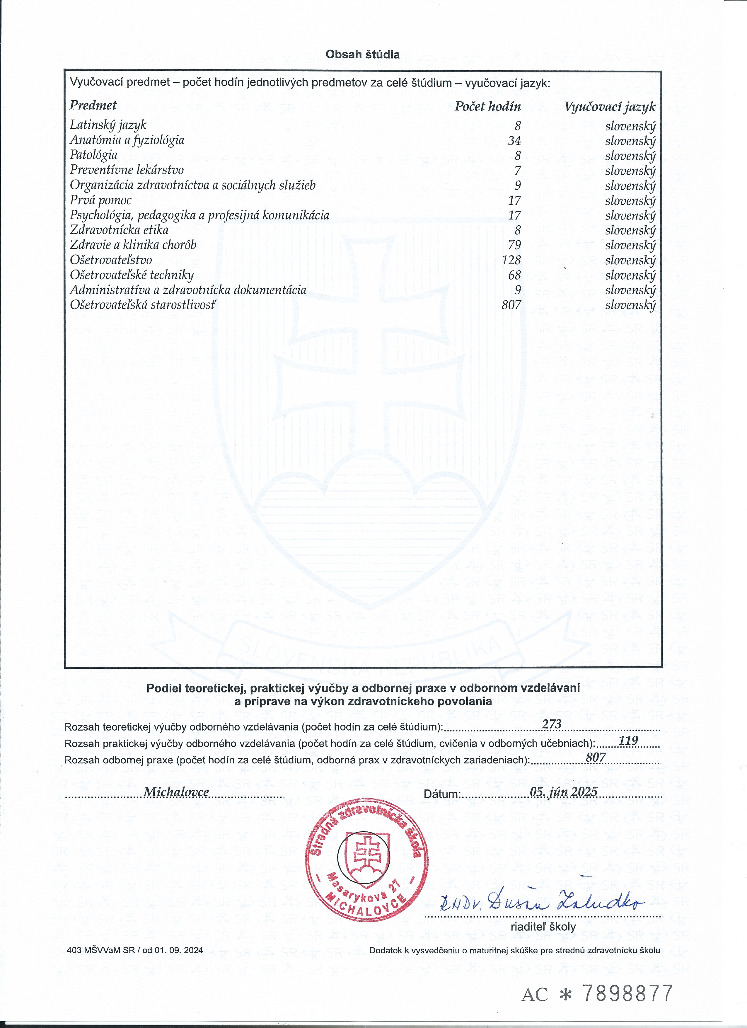 Dodatok k vysvedčeniu o maturitnej skúške, strana 2 — rozsah hodín