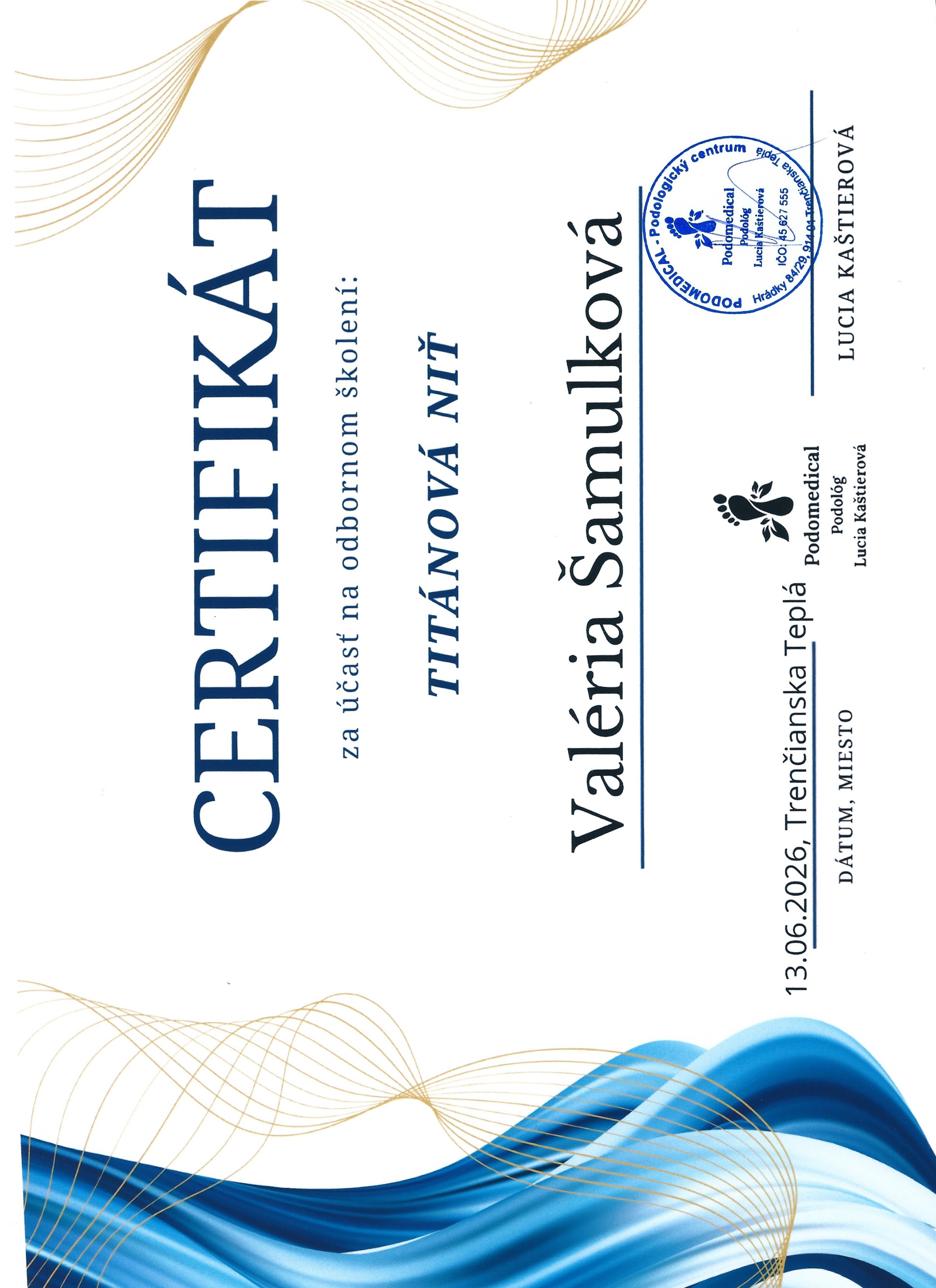 Certifikát — titánová niť (Podomedical)