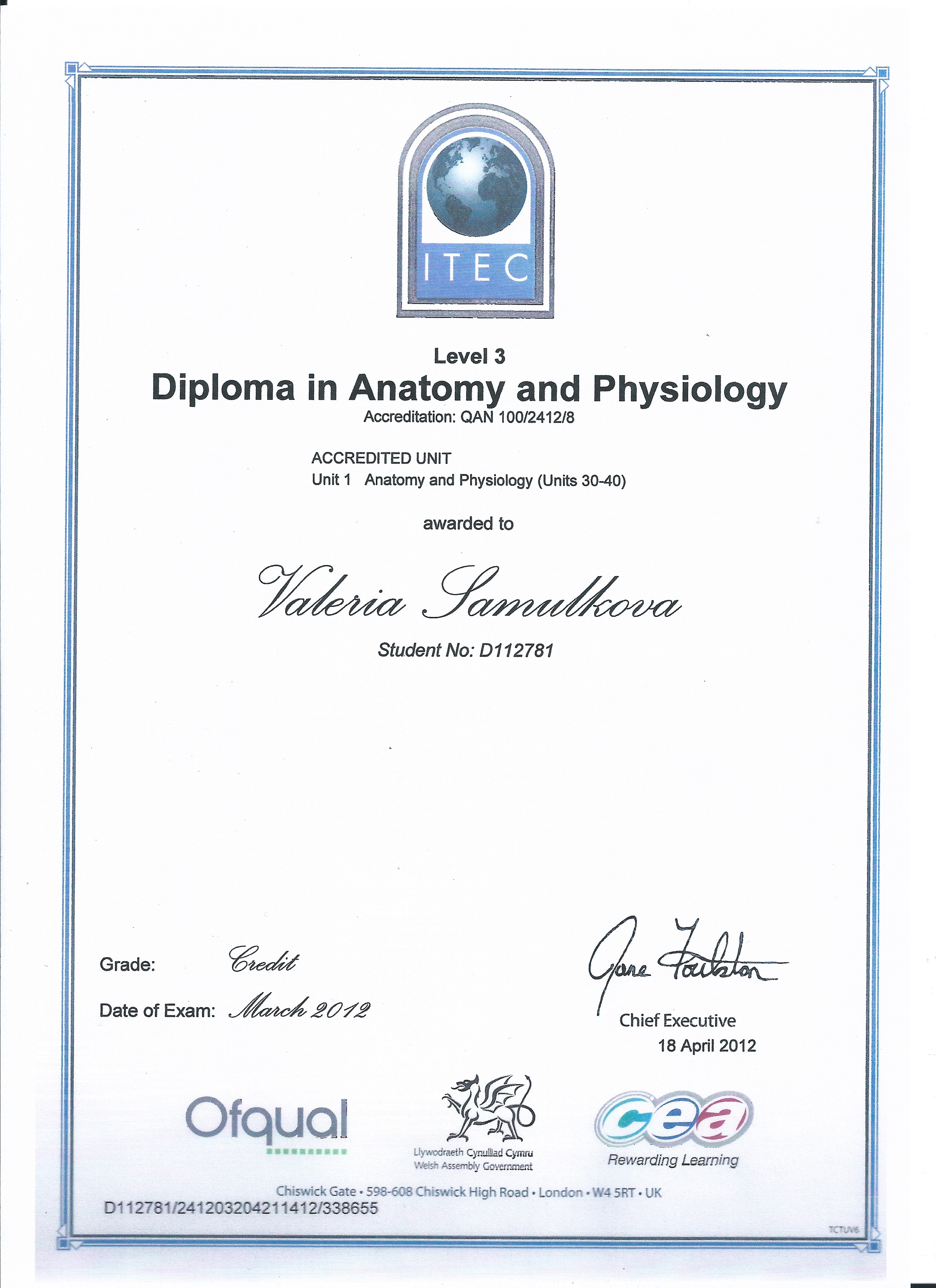 Diplom z anatómie a fyziológie (ITEC, Level 3)