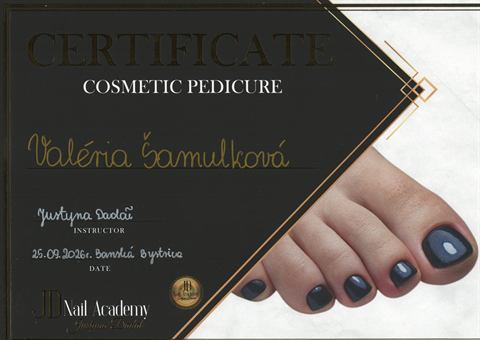 Certifikát — estetická pedikúra (JD Nail Academy)