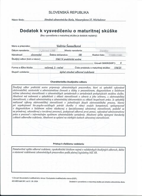 Dodatok k vysvedčeniu o maturitnej skúške, strana 1