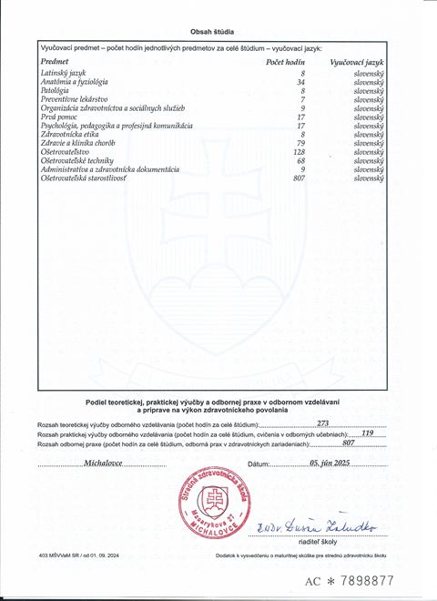 Dodatok k vysvedčeniu o maturitnej skúške, strana 2 — rozsah hodín