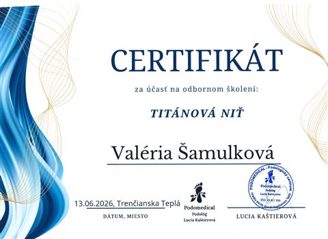 Certifikát — titánová niť (Podomedical)